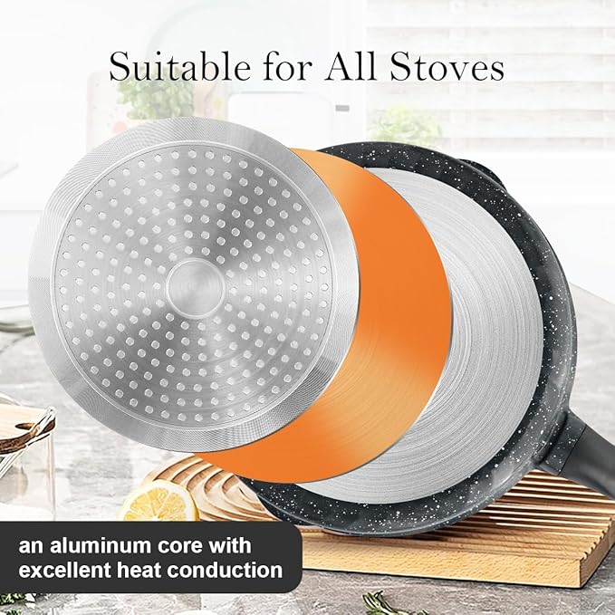 11 Inch Nonstick Deep Frying Pan with Lid, 4-Pc Set - (4.5 Qt Saute Pan with Lid, Steamer/Strainer Basket, Silicone Spatula), Skillet with Detachable Handle, Oven Safe, Non-Toxic