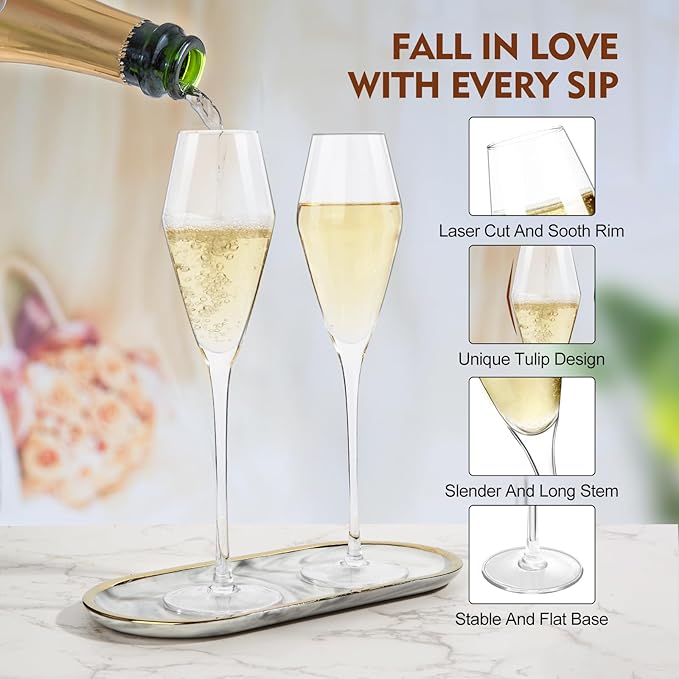 Champagne Flutes Glasses Set of 2, 8.4 oz Hand Blown Crystal Wedding Flutes Glasses, Elegant Tulip Glasses - Ideal Gift for Wedding, Anniversary,Christmas Day (2 Count (Pack of 1))