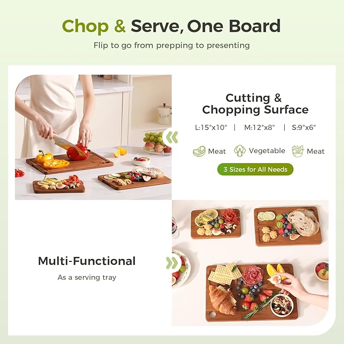 Bamboo Cutting Board for Kitchen, Wood Cutting Board 3 Piece Set with Non-Slip Mat Deep Juice Groove and Built-In Handles, Wooden Cutting Boards for Meat Vegetables Fruit for the Home