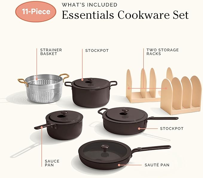 Our Place Essential Cookware Set – 11-Piece Ceramic Nonstick Set with 25cm Frypan, Saucepan, Saute Pan, Stock Pot, Storage Racks and Strainer with Thermakind™ | Oven Safe up to 230°C | Char
