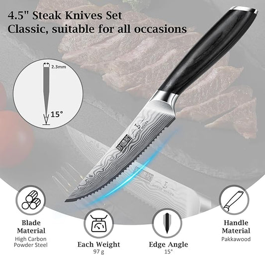 Steak Knives Set of 6, 4.5 Inch Japanese Serrated Steak Knife Set, Ultra Sharp High Carbon Powder Steel Steak Knife with Pakkawood Handle