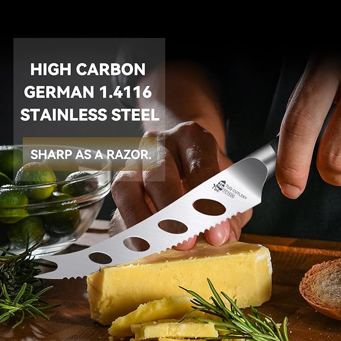 TUO Cheese Knife, 5 inch Tomato Knife Fruit Knife Small Kitchen Knife, German Stainless Steel Hollow Blade, Ergonomic Full Tang Handle with Gift Box, Black Phoenix Series