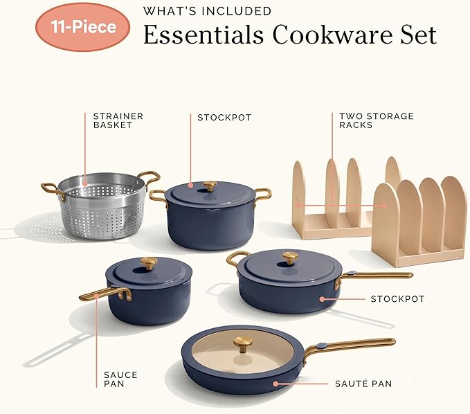 Our Place Essential Cookware Set – 11-Piece Ceramic Nonstick Set with 25cm Frypan, Saucepan, Saute Pan, Stock Pot, Storage Racks and Strainer with Thermakind™ | Oven Safe up to 230°C | Blue Salt
