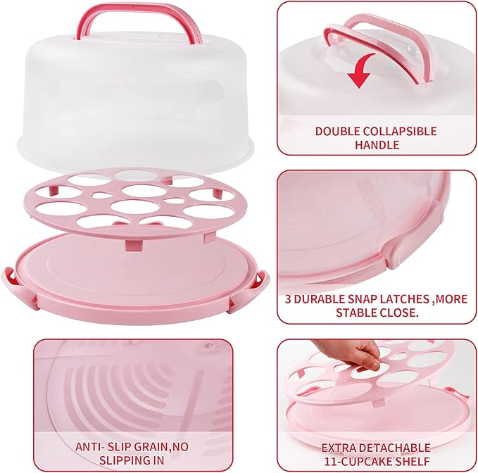 Portable Cake Carrier with Handle, Round Cupcake Holder with Lid, Plastic Storage Container Box fit 10 inch Cake, 3-Locking Muffin and Pies Keeper with Cover (Pink)