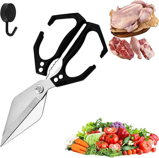 Seattleget Multifunctional Heavy-Duty Kitchen Shears, High-Carbon Steel 9.25" Multipurpose Kitchen Scissors for Chicken, Meat & Veggies, Ergonomic Non-Slip Handle, Built-in Nut Cracker (Black)
