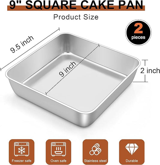 LIANYU 2 Pack 9 x 9 Inch Square Cake Pan, Stainless Steel Baking Lasagna Brownie Bread Pan, Square Bakeware for Birthday Party Wedding, Oven & Dishwasher Safe