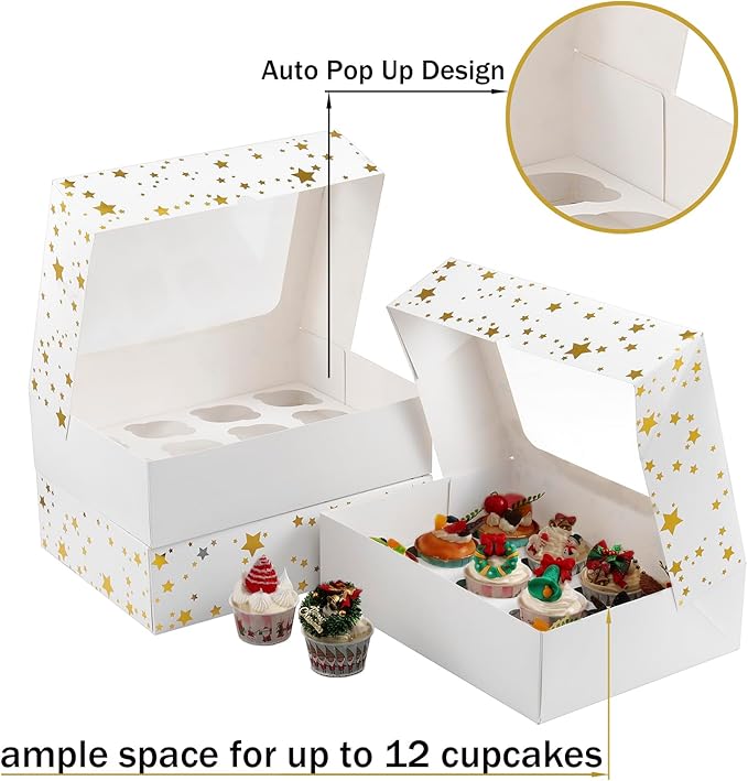 15 Packs Christmas Cupcake Boxes 12 Count, 13x10x3.5 Inch Gold Star Cupcake Containers with Clear Window, Auto-Pop Up Cupcake Carrier with Inserts for Cup Cake, Cupcake Holder for Cookies and Pastry
