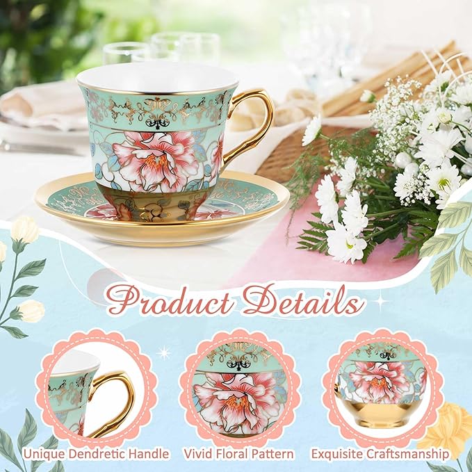 Set of 18 Tea Cups and Saucers Tea Party Decorations Floral Porcelain 5.4 oz British Gift for Women Birthday Party, Church, and Mother's Day (Stylish Style,5.4 oz)