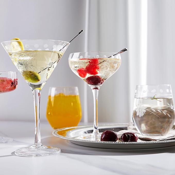Royalrose Premium Delight Coupe Glasses Set of 4, 10.8 oz – Hand-Blown with Etched Long Stem, Classic Glassware for Weddings, Dinners, and Holiday Gifting (Coupe Glasses)