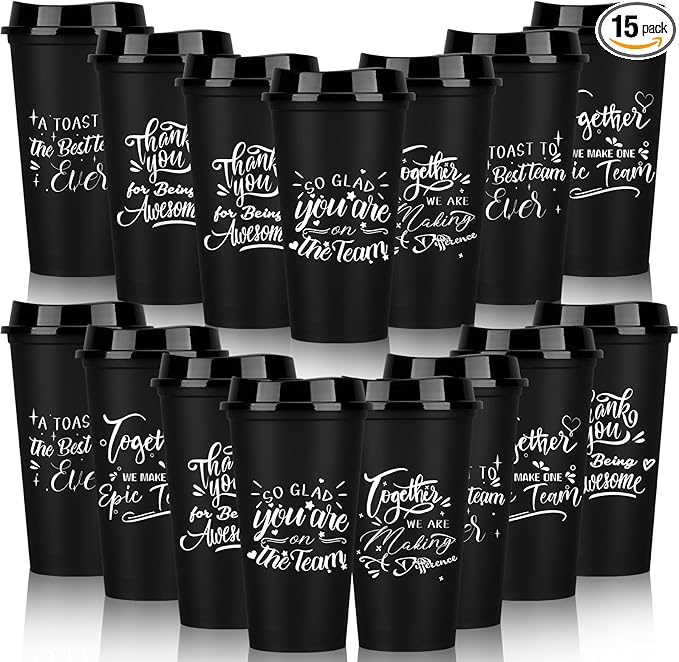 Pickmesh 15 Pcs Employee Appreciation Gifts Christmas Thank You Gift for Team Building 16 oz Teacher Plastic Coffee Cup with Lid Inspirational Travel Tumbler for Coworker Staff Pastor (Black)
