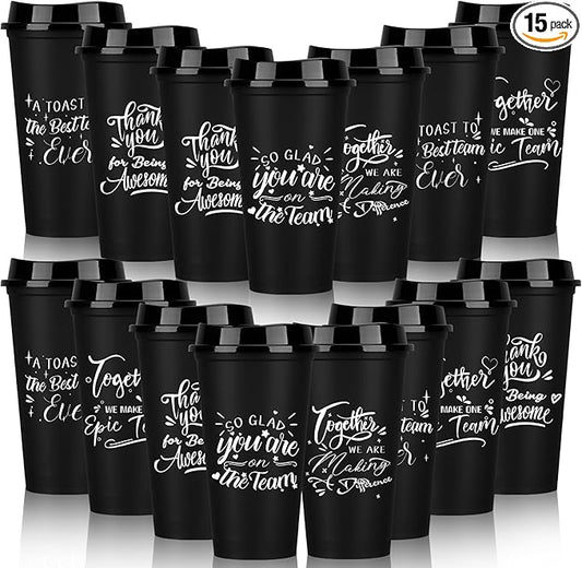 Pickmesh 15 Pcs Employee Appreciation Gifts Christmas Thank You Gift for Team Building 16 oz Teacher Plastic Coffee Cup with Lid Inspirational Travel Tumbler for Coworker Staff Pastor (Black)