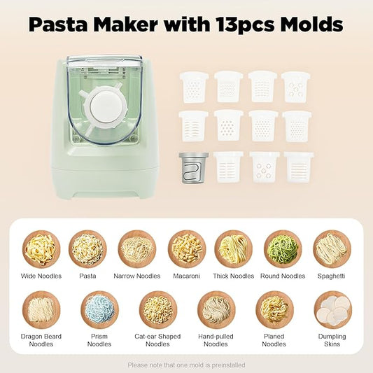 Electric Pasta Maker Machine, 260W Automatic Noodle Maker with 13 Pasta Shapes, Compact & Fast 3-Minute Pasta Machine for Home Kitchen, LED Display, Dishwasher Safe, Green