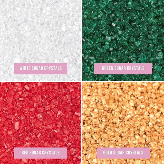 Sweets Indeed Christmas Baking Sugar Crystals 4-Pack – 4.52 oz | White, Red, Green & Gold Sparkling Sugars | Holiday & Everyday Dessert Decorating Set