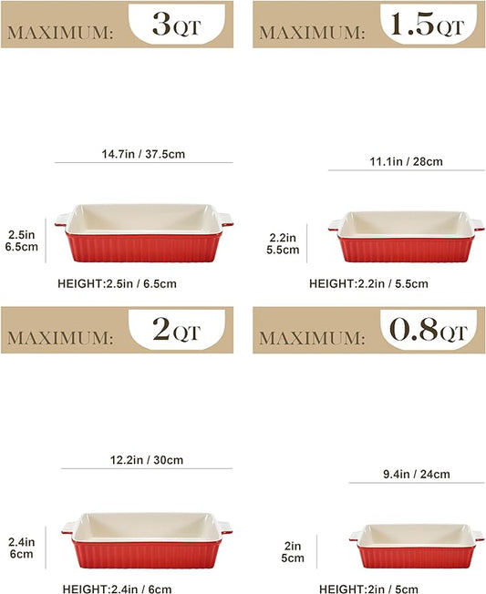 Bakeware Set of 4, MALACASA Porcelain Baking Pans Set for Oven, Casserole Dish, Ceramic Rectangular Baking Dish Lasagna Pans for Cooking Cake Pie Dinner Kitchen, Red (9.5"/11.25"/12.75"/14.5")