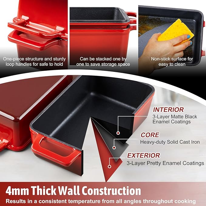 P&P CHEF 2 In 1 Enameled Cast Iron Loaf Pan with Lid, 9 x 5 Inch Bread Loaf Pans for Baking Homemade Sourdough Bread, Meatloaf, Toast, Cake, Nonstick & Healthy & Sturdy, 2 Piece Set - Red