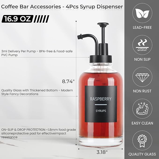 4PCS Coffee Syrup Dispenser, Glass Syrup Dispenser for Coffee Bar w. Labels and Pump, 16.9 oz 500ml Syrup Pump Dispenser, Coffee Bar Accessories Simple Syrup Bottle w. Pump, Ideal Gift