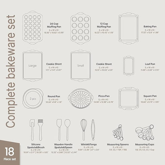 BAKKEN Kitchen Baking Pan Set - Nonstick Green Marble Coating, Carbon Steel Bakeware Sets with Green Silicone Handles, Kitchen Essentials, PFOA, PFOS, PTFE Free, Oven Safe (Up To 450° F), Set of 18