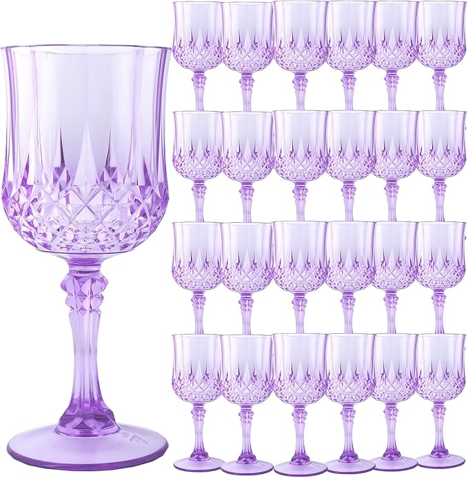 Plastic Wine Glasses,Plastic Goblets Vintage Style Cordial Drinking Glasses for Wedding Reception, Grand Event Party Supplies (24, Purple)