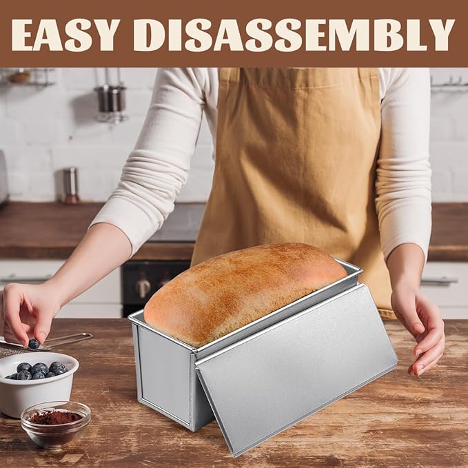 2 Pcs Pullman Lidded Bread Pan,Non-Stick Bread Pan, Dough Capacity Bread Pans (with Lid),Quick Release Coated Breads Pans for Home Bakeware Breads Toast Oven Baking (Silver)