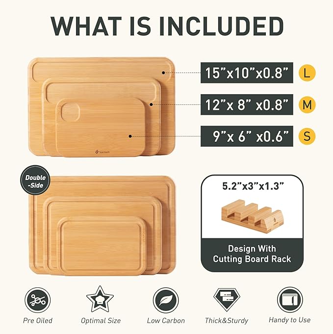 3 Packs Bamboo Cutting Board Set with Holder Wood Cutting Boards for Kitchen with Juice Grooves Built-in Handles, Ideal Charcuterie & Chopping for Meat Vegetables Fruits Kitchen Gift for Home Cooks
