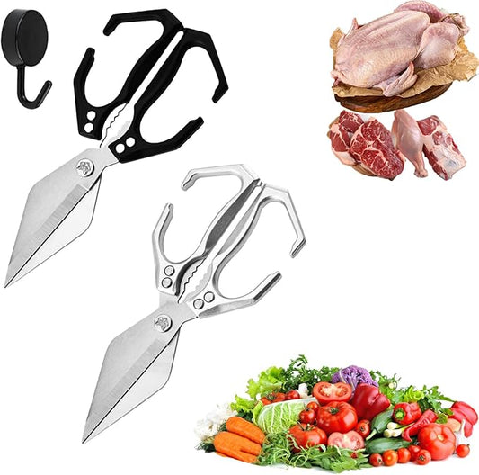 Seattleget Multifunctional Heavy-Duty Kitchen Shears, High-Carbon Steel 9.25" Multipurpose Kitchen Scissors for Chicken, Meat & Veggies, Ergonomic Non-Slip Handle, Built-in Nut Cracker (Black+Silver)