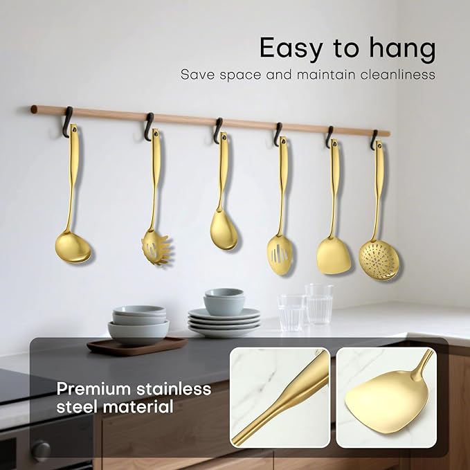Lazycorner Kitchen Utensil Set 9-Piece Stainless Steel 304 Polished Mirror Finish Cooking Spoons, Slotted Spoon, Turner, Spatula, Pasta Spoon– Dishwasher Safe, Rust-Resistant