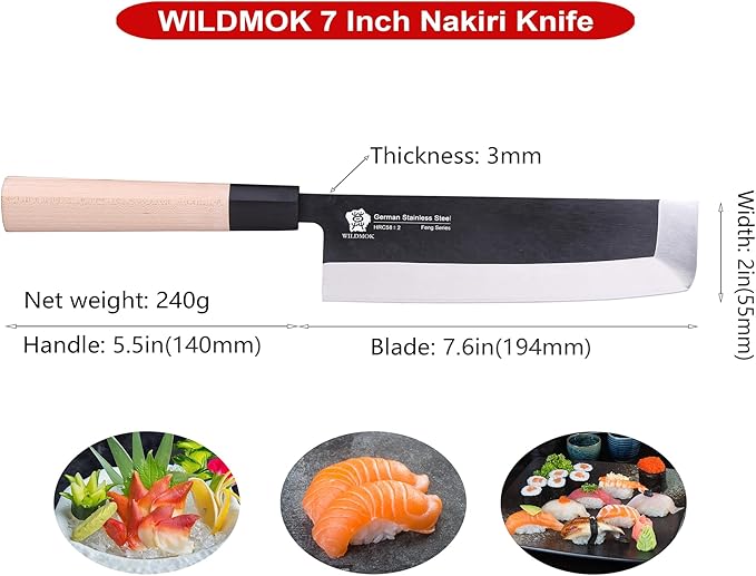 WILDMOK 7 Inch Asian Usuba Vegetable Knife German Stainless Steel Blade & Traditional Wooden Handle