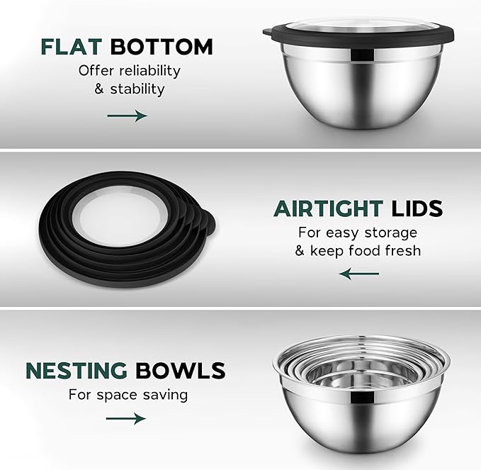 Onader Stainless Steel Mixing Bowls with Black Lids, Metal Nesting Mixing Bowl Set of 5 - Size 1.5, 2, 2.6, 3.5, 4.6QT