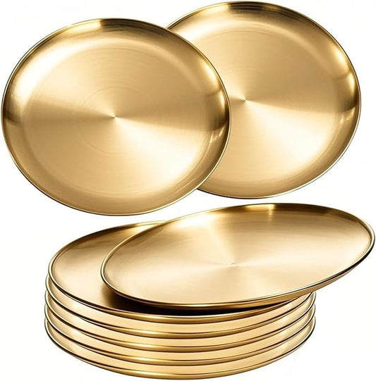 18/8 Stainless Steel Dinner Plate for Main Dishes, Grilled Meat, Dessert, Salad, and Fruit - 9 Inches (23 cm) Large Capacity(Gold-8PC)