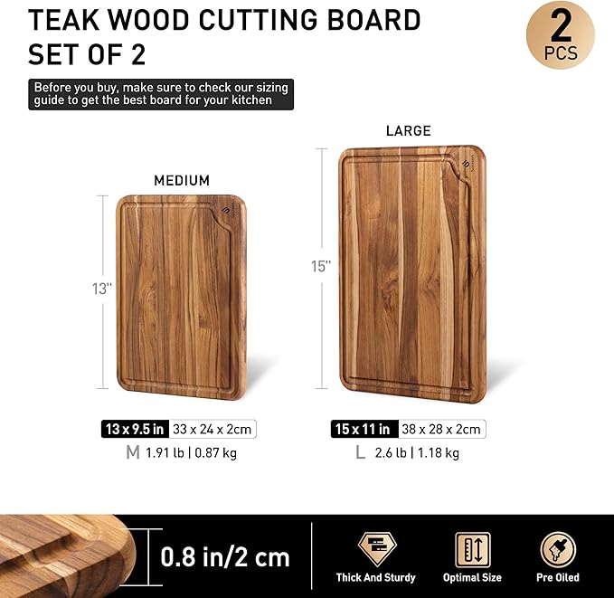 2 Pack Teak Cutting Board for Kitchen Wooden Chopping Board Charcuterie Board Non Slip Over Sink NOT Bamboo Stainless Steel Titanium Acrylic Acacia Olive Glass Plastic Silicone Metal
