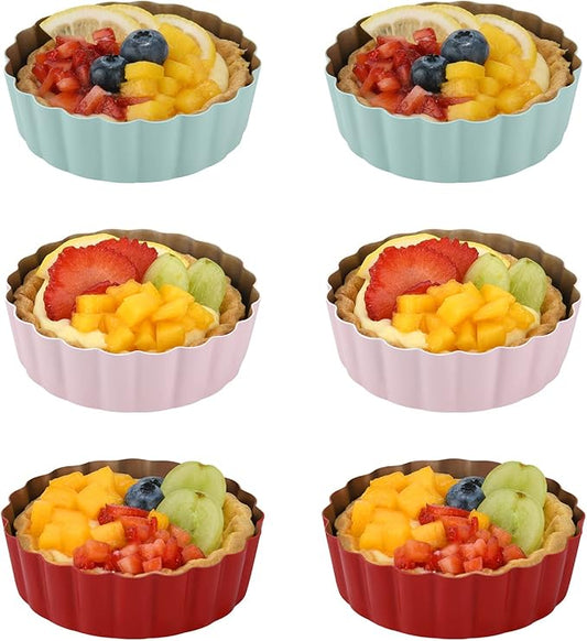 Mini Round Tart Pan with Removable Bottom, Nonstick Mini Pie Pans for Baking, Carbon Steel Quiche Pan Set for Cupcake Muffin Cakes and Desserts, Including 6 Tart Pan and 1 Tart Tamper (Multicolor)