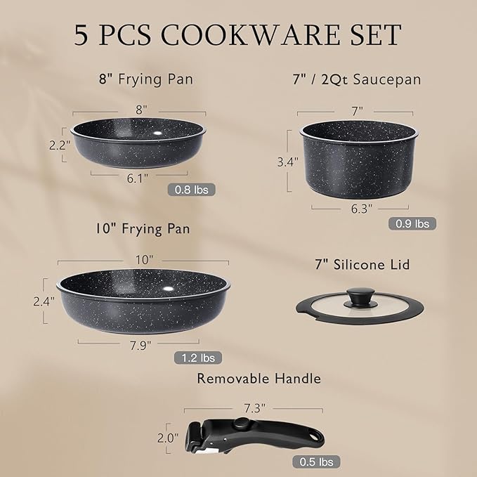 GiPP Ceramic Pots and Pans Set Non Stick, Nonstick Detachable Handle Cookware Sets, Non Toxic Induction Kitchen Pot and Pan with Removable Handle, Healthy RV Cookware, Dishwasher &Oven Safe, 5 Piece