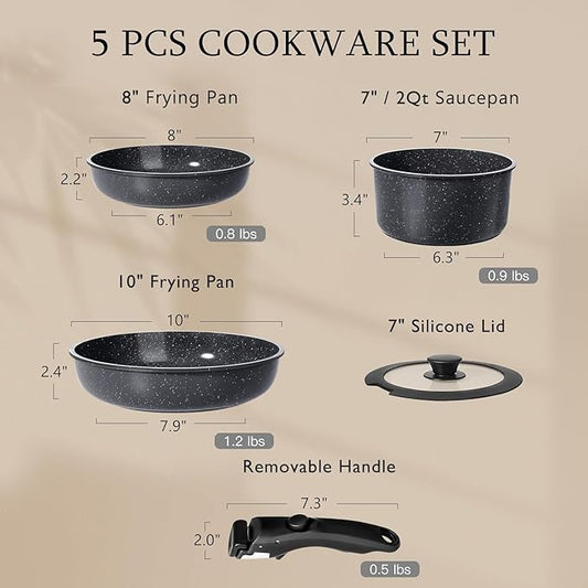 GiPP Ceramic Pots and Pans Set Non Stick, Nonstick Detachable Handle Cookware Sets, Non Toxic Induction Kitchen Pot and Pan with Removable Handle, Healthy RV Cookware, Dishwasher &Oven Safe, 5 Piece