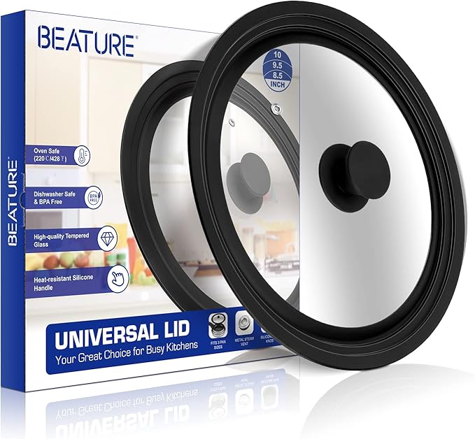 Universal Lid for Pots, Pans and Skillets - Tempered Glass Lid with Heat Resistant Silicone Rim Fits 8.5" - 10" Diameter Cookware, Replacement Lid for Frying Pan and Cast Iron Skillet (8.5"9.5"10")