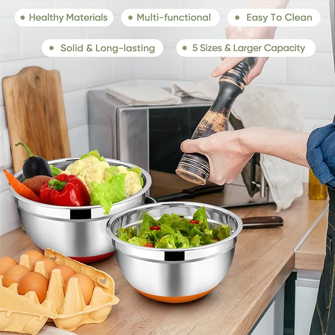 TeamFar Mixing Bowls with Lids Set, 1/1.5/2.5/3.5/7 QT, Stainless Steel Large Metal Nesting Salad Bowl Set of 5, Healthy & Sturdy, Non-slip Bottom & Airtight Lid, Multi-Color