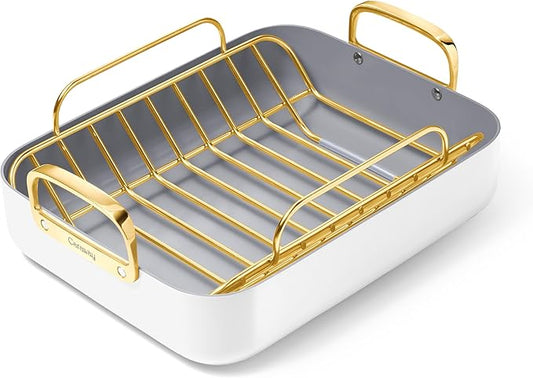 Caraway Roasting Pan - 16x13” Roasting Pan with Rack - Non-Stick Ceramic Coated - Non Toxic, PTFE & PFOA Free - Oven Safe & Compatible with All Stovetops - White