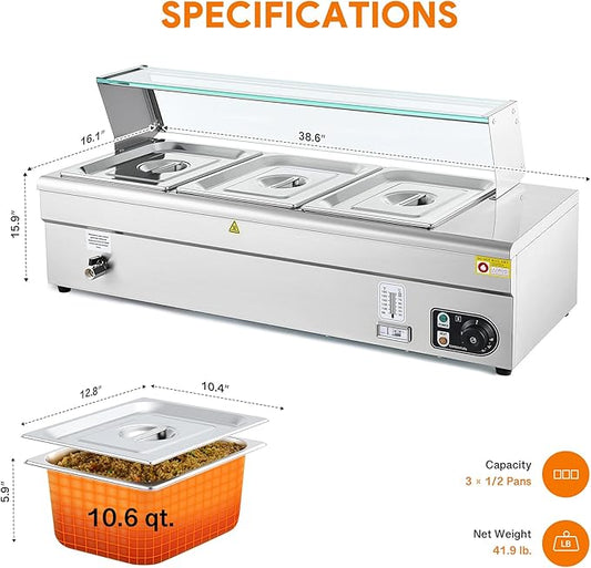 WILPREP Commercial Food Warmer with Three 1/2 Pans, Electric Warmer for Food with Sneeze Guards Adjustable Temp. & Auto Shutoff, Stainless Steel Food Heating Unit for Buffet Food Truck Hotel Catering