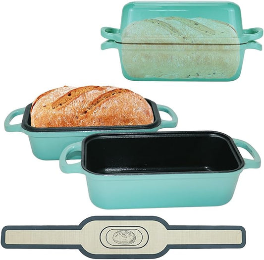 Cast Iron Bread Pan with Lid - 2-in-1 Dual Set, Includes 2 Bread Mats - Bread Baking Pan for Homemade Bread, Cakes, Patties - Even Heating - 2-Piece Set (Lake Blue)
