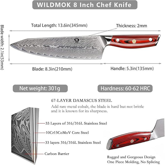 WILDMOK Damascus Chef Knife, 8 Inch Professional chef's knives, Japanese Ultra Sharp Kitchen Knife Full Tang G10 Handle, Japanese damascus knife Including Gift Box