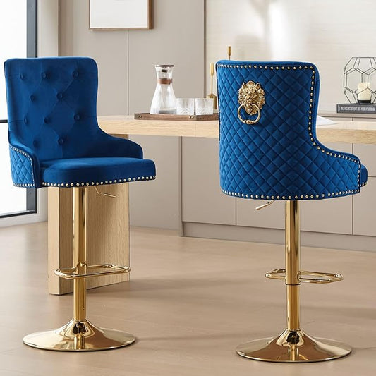 Velvet Gold Barstools Set of 2, Modern Counter Height Adjustable Swivel Stools Chairs with High Tufted Backrest Golden Base Lion Pull Ring Diamond Pattern Rivet Trim for Kitchen (Dark Blue)
