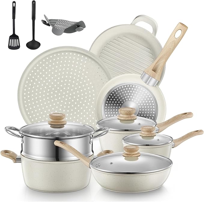 FOHERE Pots and Pans Set with Lids 15 PCS, Aluminum Nonstick Induction Cookware Sets, with Frying Pans, Saucepans, Stock Pot, Pizza Pan, Griddle Pan, and Food Steamer, Silicone Food Strainer, White