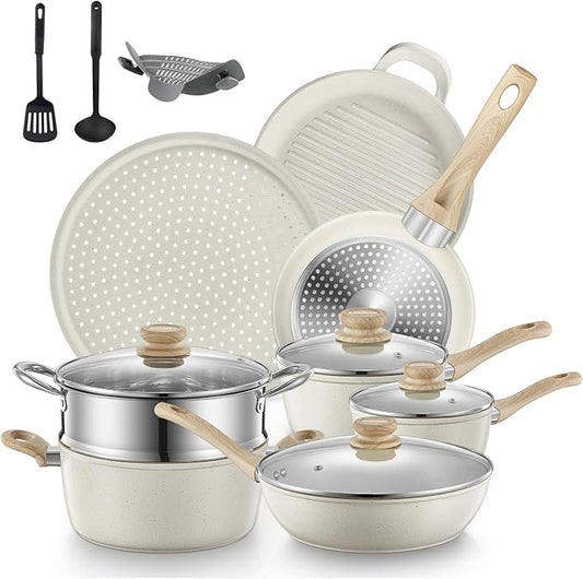 FOHERE Pots and Pans Set with Lids 15 PCS, Aluminum Nonstick Induction Cookware Sets, with Frying Pans, Saucepans, Stock Pot, Pizza Pan, Griddle Pan, and Food Steamer, Silicone Food Strainer, White