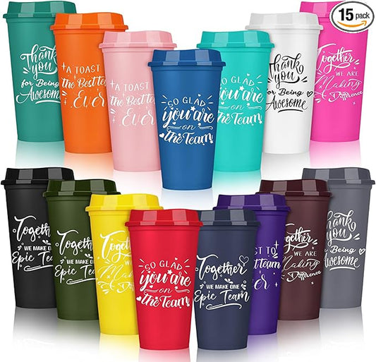 Pickmesh 15 Pcs Employee Appreciation Gifts Christmas Thank You Gift for Team Building 16 oz Teacher Plastic Coffee Cup with Lid Inspirational Travel Tumbler for Coworker Staff Pastor (Colorful)