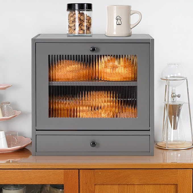 Sunhoo Bread Box for Kitchen Countertop Bin 2 Layer Wooden Bread Storage Breadbox Holder Large Capacity Container Bread Organizer Farmhouse Keeper Shelf with Drawer Acrylic Window (Grey
