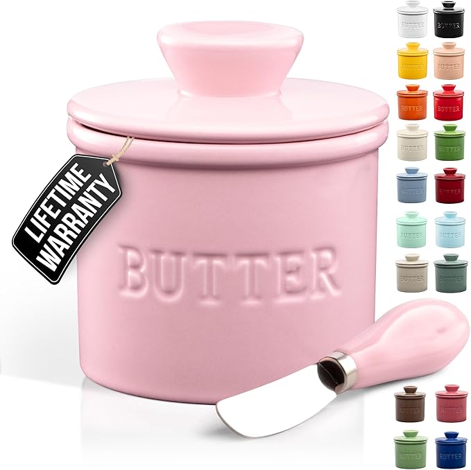 Zulay Kitchen Porcelain Butter Crock With Lid & Knife - Authentic French Butter Dish For Fresh & Spreadable Butter - Pink