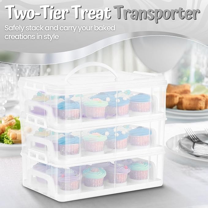 Flexzion 36 Cupcake Carrier 3 Tier Stackable Storage Container Collapsible Cake Carrier with Lid and Handle, Reusable Rectangular Plastic Dessert Travel Container, Display Holder Transport Box (Clear)