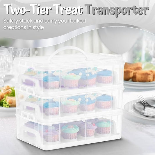 Flexzion 36 Cupcake Carrier 3 Tier Stackable Storage Container Collapsible Cake Carrier with Lid and Handle, Reusable Rectangular Plastic Dessert Travel Container, Display Holder Transport Box (Clear)