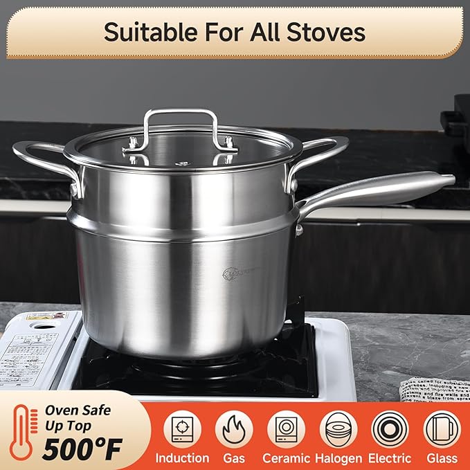 LOLYKITCH Tri-ply Stainless Steel 3 QT Saucepan with Lid and Steamer,Sauce Pot,Induction Cooking Pot,Dishwasher and Oven Safe.