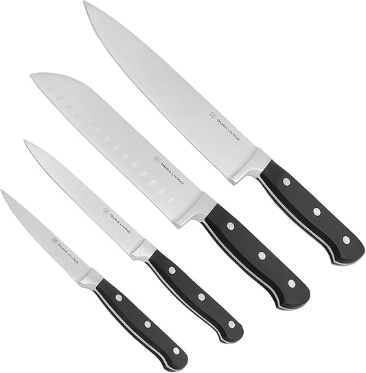 Chef's Knife Set, 4 Piece Cutlery Knife Set, Superior Forged High Carbon Stainless Steel Ultra Sharp 8 Inch Chef, 7 Inch Santoku, 5 Inch Utility, 3.5 Inch Paring Knives, Black