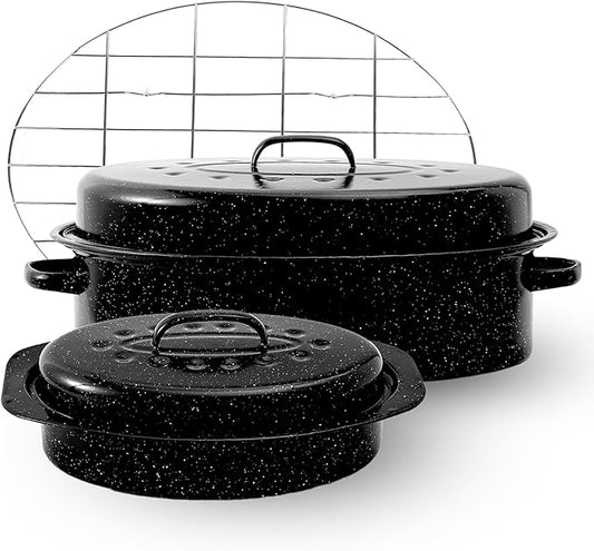 Enamel Roaster Pan With Lid and Rack Set 13"19"Granite Roasting Pans, Oval Large Turkey Baking Pan Suitable for Cooking 20lb Poultry and Beef Resists up to 932°F Oven Cookware